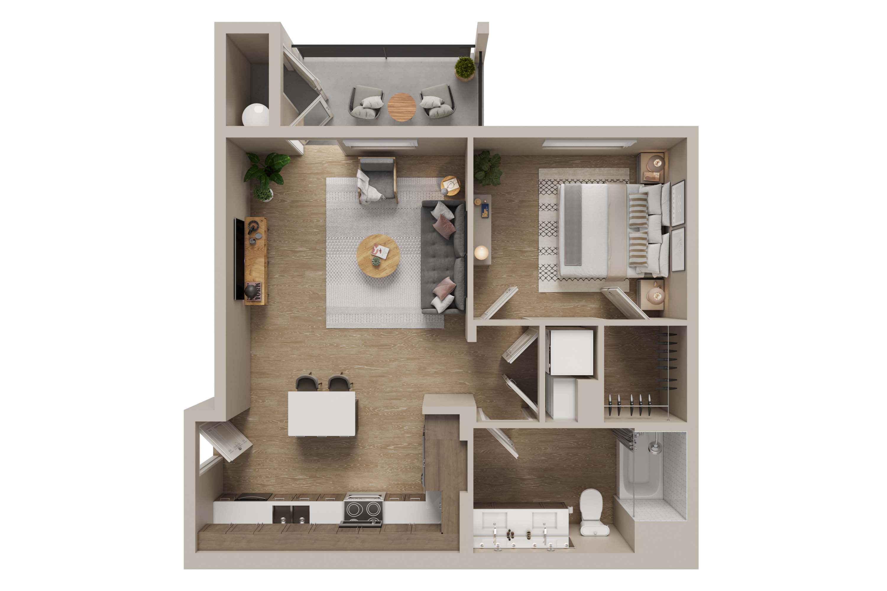 Floor plan for 1 bed, 1 bath, 728 sqft